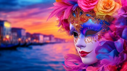Lavish Carnival Mask at Sunset by the Water