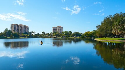 Obraz premium A man in a yellow kayak paddles on a lake in front of a large building