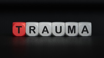 The word trauma written on wooden cubes.close up of wooden elements,Business Concept.3D rendering on black background.