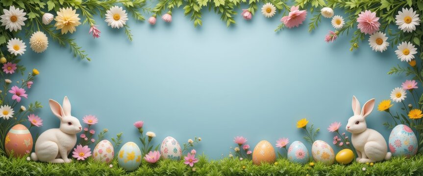 Festive Easter background with bunnies, flowers, and eggs in a decorative frame, creating a charming and joyful scene, ideal for holiday designs.
