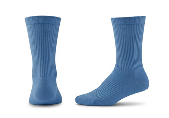 Empty blue cotton long socks on invisible feet on white background as mock up for advertising , branding , design , back and side view , template .