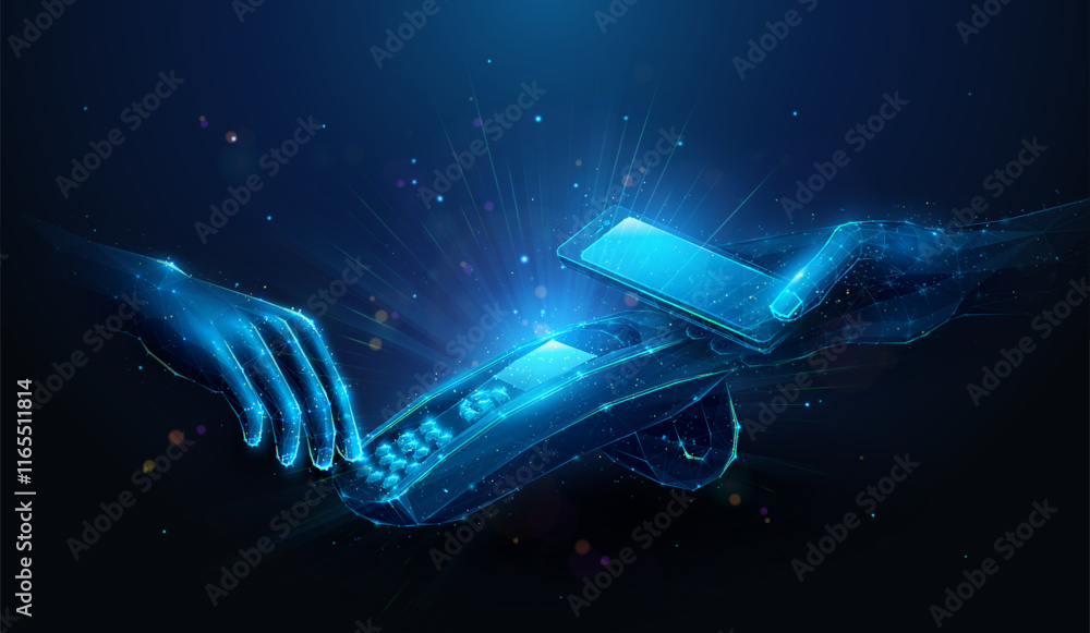 Poster abstract low poly illustration of nfc payment process by smartphone on pos terminal. geometric backg