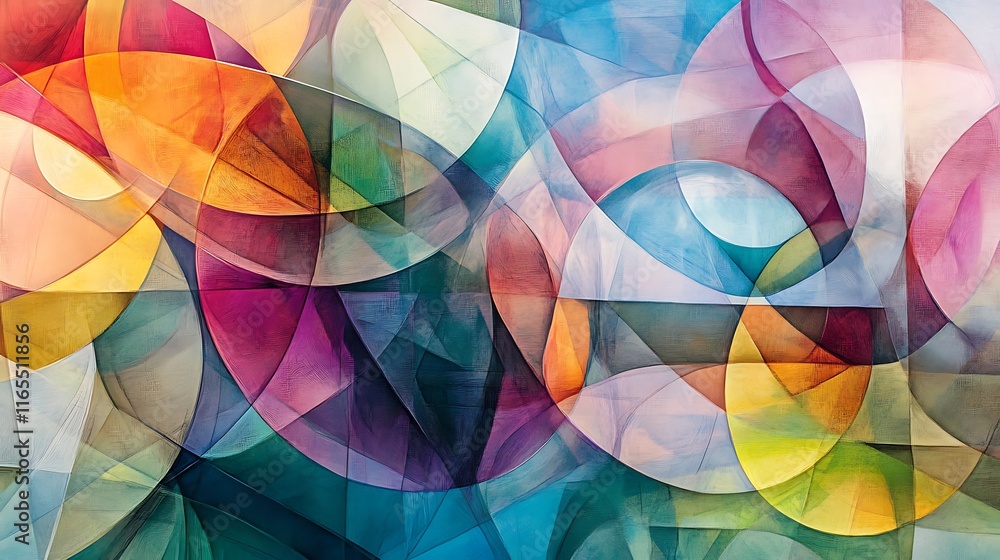Poster a clean abstract background featuring overlapping translucent geometric shapes in vibrant colors