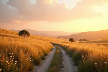 Fototapeta premium Golden Hour Pathway Through Serene Grasslands, Rolling Hills Underneath a Sunset Sky
