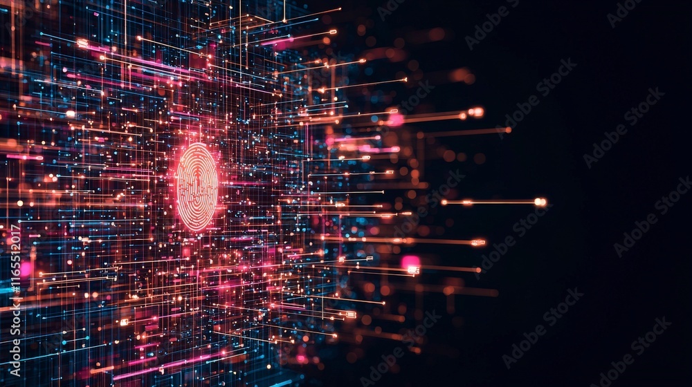 Poster vibrant digital network with glowing lines and a central core, representing technology and connectiv