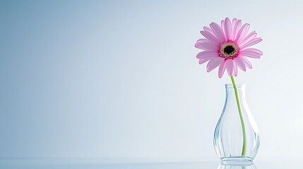 A vase with a pink flower in it sits on a table