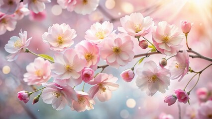 Fototapeta premium A delicate branch of pink cherry blossoms against a soft, ethereal backdrop, with a gentle sunlight illuminating the scene.
