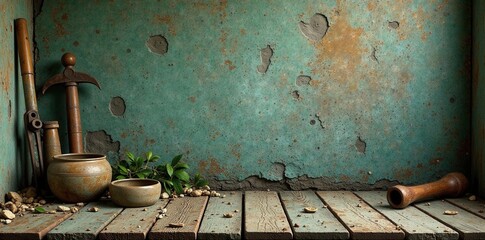 Rustic Still Life Featuring Aged Tools and Earthenware Bowls on Weathered Wooden Planks Against a Distressed Teal Wall