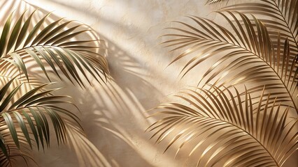 Obraz premium Golden palm leaves cast shadows on a textured beige wall, creating a minimalist tropical backdrop.