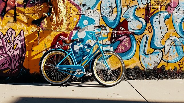 A blue bicycle is parked in front of a graffiti wall
