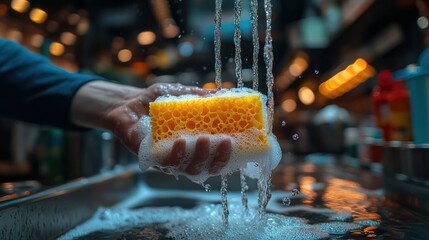 Hand holding a yellow sponge with running water in a commercial sink.