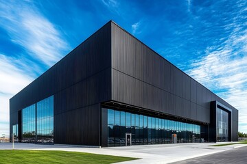 Fototapeta premium Contemporary black minimalist design in warehouse architecture.
