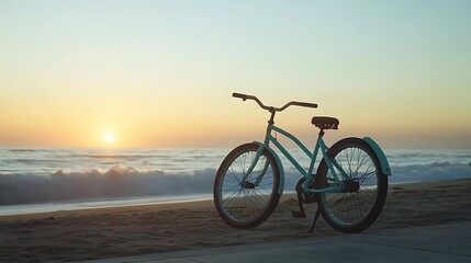 Fototapeta premium A bicycle is parked on the beach at sunset