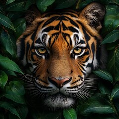 Fototapeta premium Majestic Tiger Face Surrounded by Lush Jungle Foliage