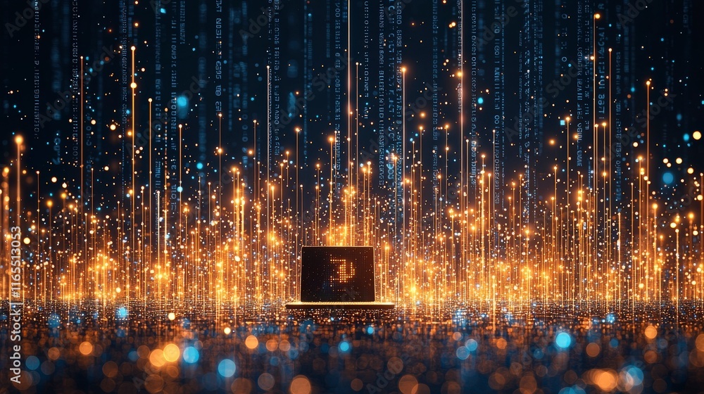 Poster a glowing laptop amidst a backdrop of shimmering data streams and particles, evoking a futuristic di
