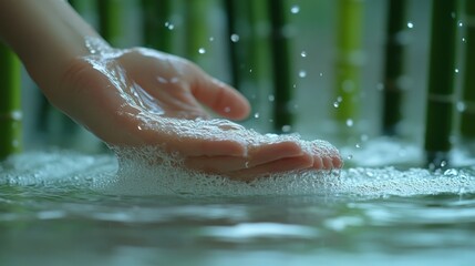 Fototapeta premium Hand in bubbly water, bamboo background.