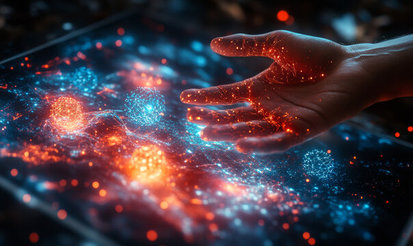 A futuristic quantum computer interface where a human hand interacts with floating, multi-dimensional quantum computational elements 