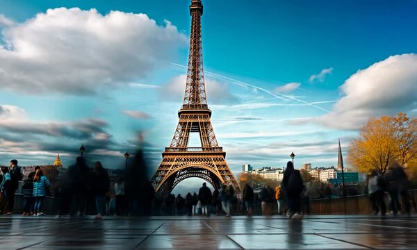 timelapse sur le parvis de la Tour Eiffel avec foule de touristes anim&eacute;e, Paris, France.