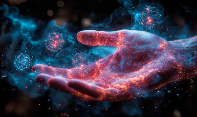 A futuristic quantum computer interface where a human hand interacts with floating, multi-dimensional quantum computational elements 