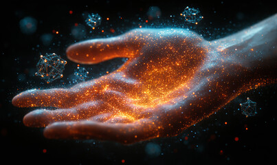 A futuristic quantum computer interface where a human hand interacts with floating, multi-dimensional quantum computational elements 