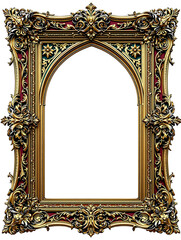antique gold gothic arch picture frame with ornate baroque design and red accents for medieval decor, PNG, generative ai