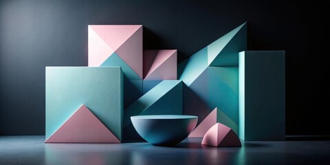 Geometric Abstract Still Life with Pastel Pink and Blue Shapes on a Dark Background