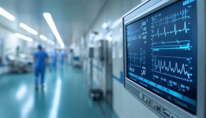 Hospital Room, Focus on Monitor Displaying Vital Signs, Medical Personnel in Background Blur.