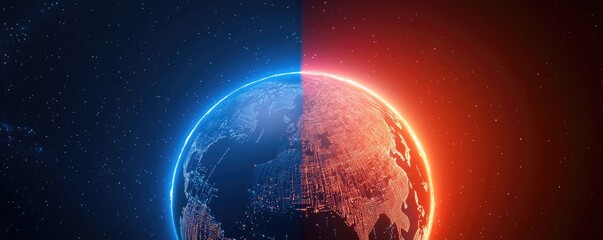 Fototapeta premium A digital illustration of Earth split into two halves, one side glowing blue and the other glowing red, symbolizing contrasting themes or climates.