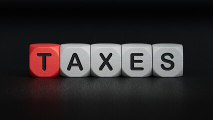 wooden cube block with taxes business word.close up of wooden elements,Business Concept.3D rendering on black background.