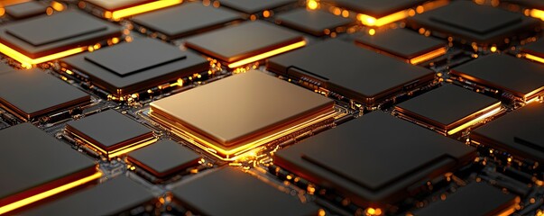 A close-up view of intricate microchips illuminated with a golden glow, showcasing a high-tech electronic circuit design.