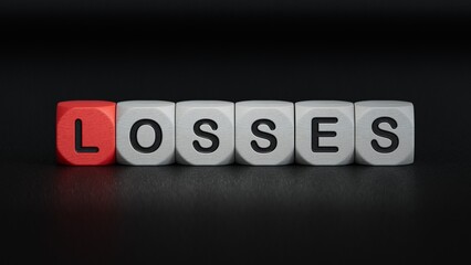 Wooden cubes with LOSS word on wooden table. Financial loss busines concept. Memory loss demetia mental health concept.Business Concept.3D rendering on black background.