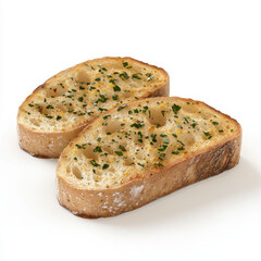 Crispy garlic bread slices topped with herbs, perfect as a side dish or appetizer for any meal.
