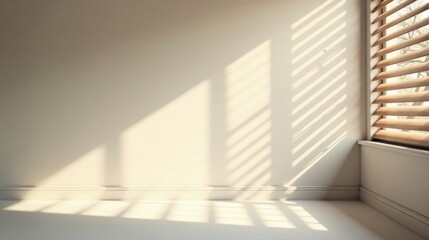 Fototapeta premium Sunlit Room Interior with Wooden Window Blinds and Soft Shadows on Wall