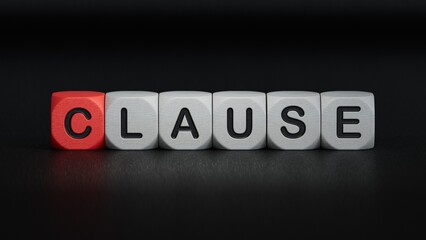 Wooden mannequin near tower of cubes with word clause.close up of wooden elements,Business Concept.3D rendering on black background.