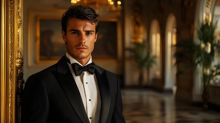 A man in a tuxedo stands in front of a mirror