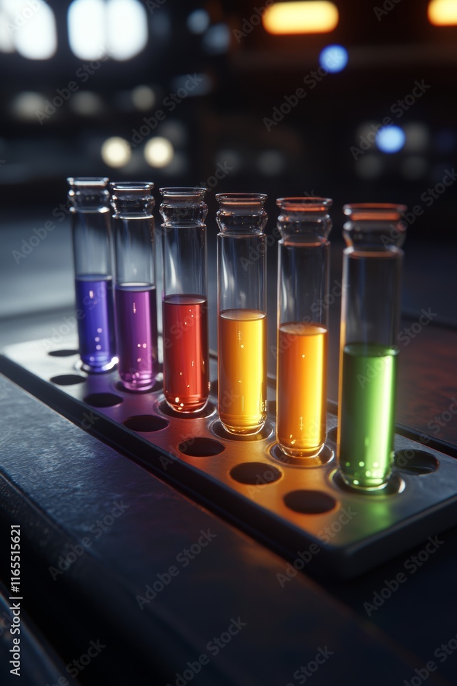 Poster seven test tubes with colorful solutions arranged in a row in a rainbow order., laboratory concept,