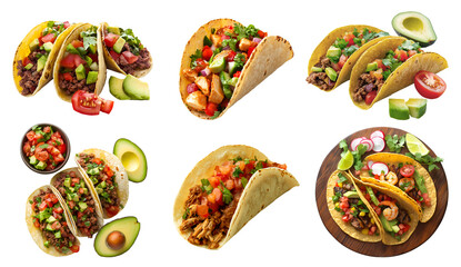 Collection of Mexican hard soft shell tacos tortilla, with different ingredients salsa guacamole beef cheese chicken seafood on transparent background cutout PNG. Mockup template for artwork design	

