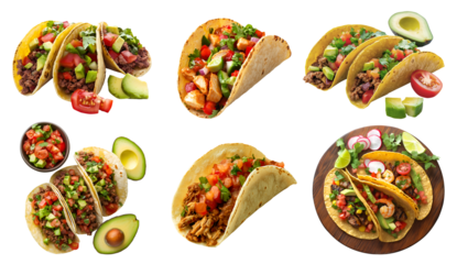 Collection of Mexican hard soft shell tacos tortilla, with different ingredients salsa guacamole beef cheese chicken seafood on transparent background cutout PNG. Mockup template for artwork design	
