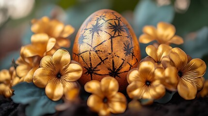 Obraz premium Golden Easter Egg Nestled Among Gilded Flowers