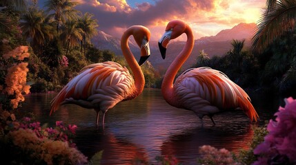 Fototapeta premium Flamingos in Love: A Tropical Sunset Paradise