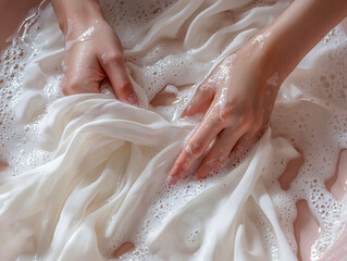 Hands Gently Washing White Fabric with Soap in Foamy Water Close-Up