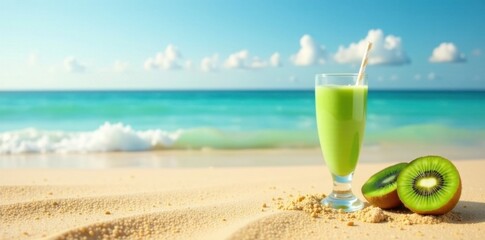 Obraz premium Refreshing Green Smoothie on Sandy Beach with Ocean View