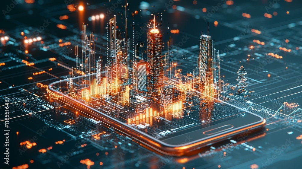 Poster a smartphone displaying glowing cityscape graphics, symbolizing advanced technology and digital conn