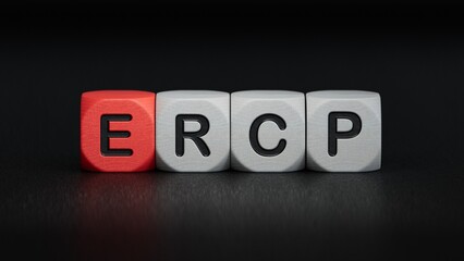 word ercp is made of wooden. medical concept of treatment, prevention and side effects.close up of wooden elements,Business Concept.3D rendering on black background.