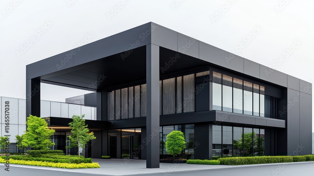 Aufkleber modern architectural building with large windows and greenery.