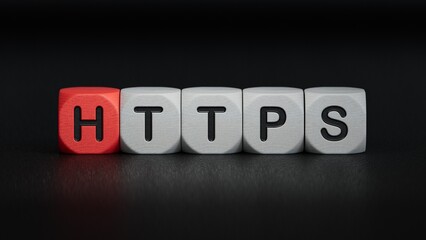Word https. Wooden small cubes with letters with copy space available.close up of wooden elements,Business Concept.3D rendering on black background.