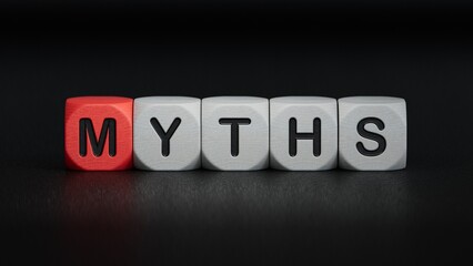 Word myths. Wooden small cubes with letters with copy space available.close up of wooden elements,Business Concept.3D rendering on black background.