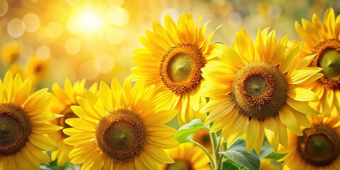 Obraz premium A vibrant close-up of sunflowers in full bloom, bathed in the warm glow of the setting sun, creating a captivating display of nature's beauty.