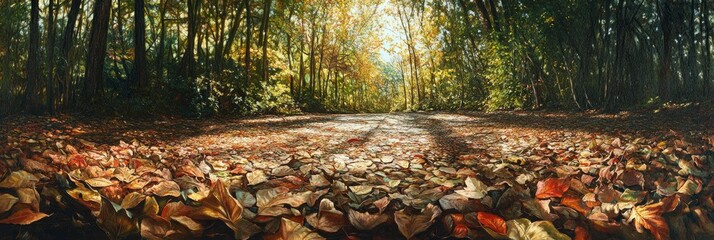 A panoramic view of a sun-dappled forest floor, showcasing a mosaic of fallen leaves.