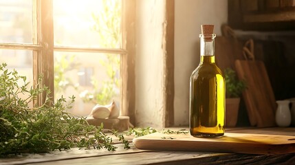 A bottle of olive oil sits on a wooden cutting board next to a window